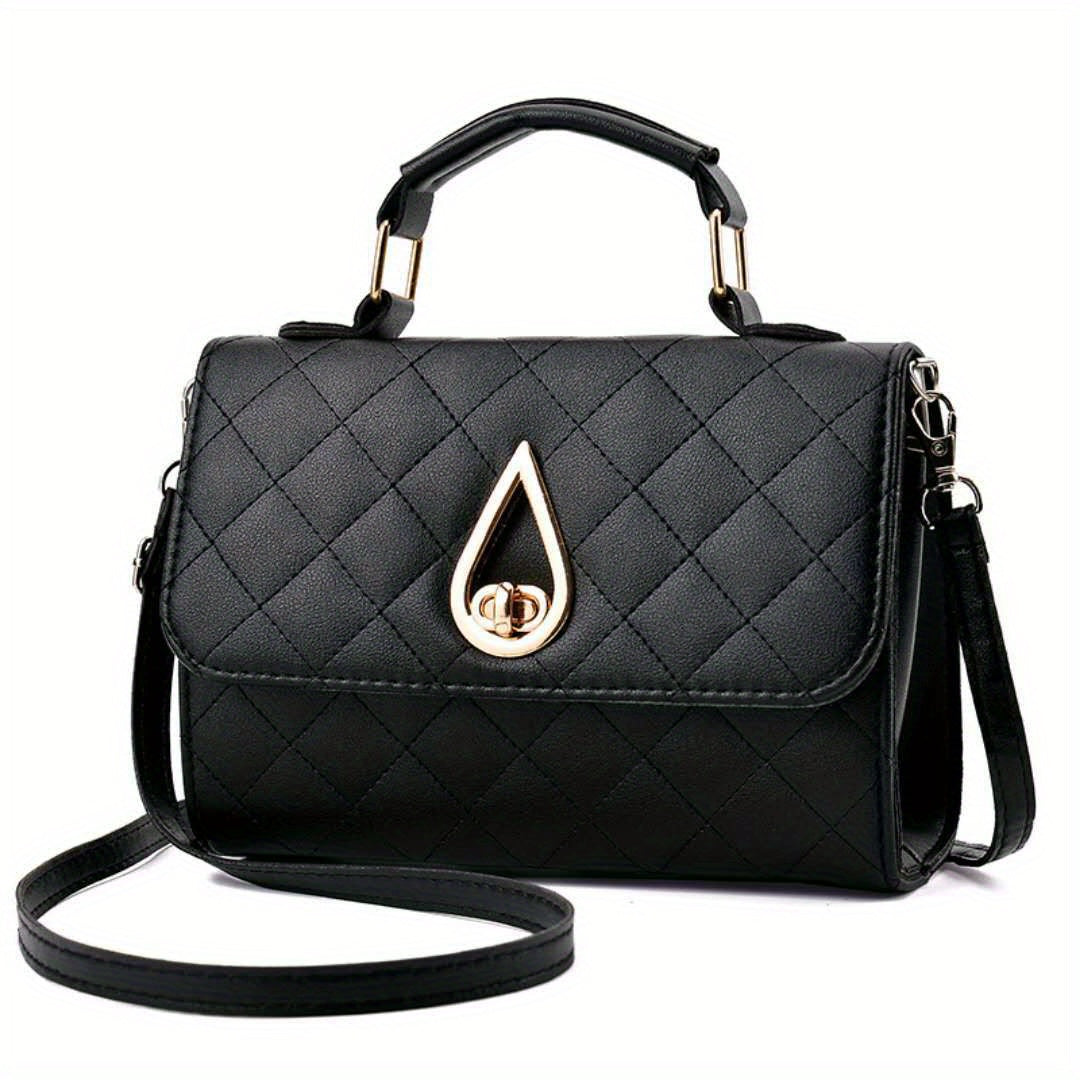 Argyle Quilted Handbag Faux Leather Flap Purse Buckle Decor Crossbody Bag