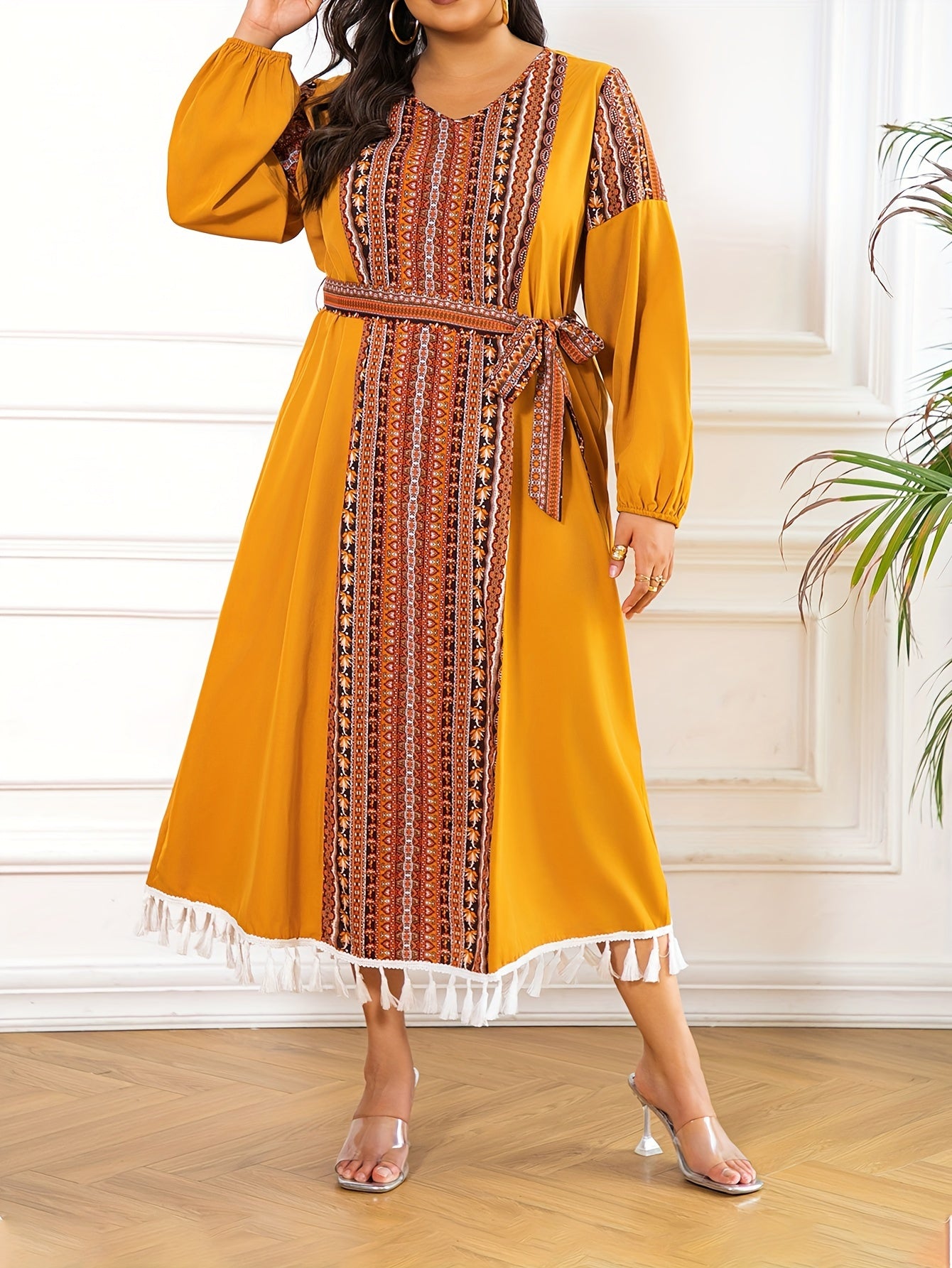  Colorblock Abaya Dress Geometric Print Tassel V Neck