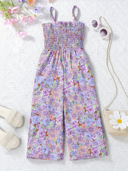 Girls Boho Flower Print Shirred Cami Jumpsuit For Party