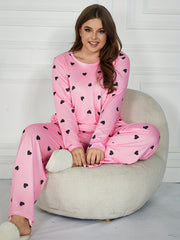  Heart Print Long Sleeve Tee & Pants Pajamas Set