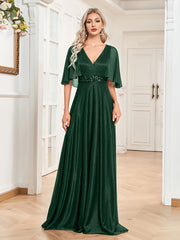 Sequin Bridesmaid Dress Cape Sleeve Surplice Neck