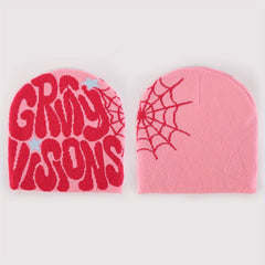 Unisex Reversible Spider Web Letter Jacquard Beanie Y2K Knit Hat