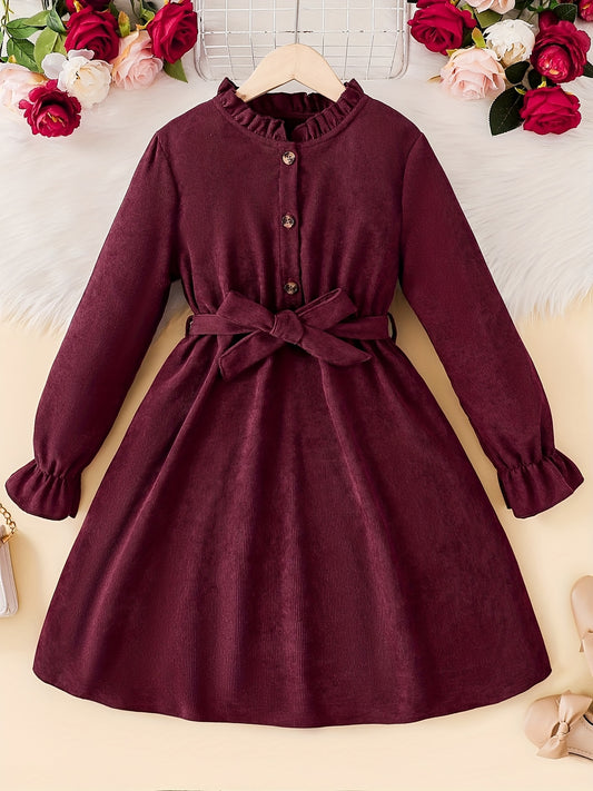 Vintage Ruffle Collar Corduroy Dress For Autumn/Winter With Belt