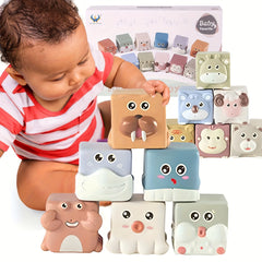 Silicone Baby Building Blocks Set Animal Stacking Cups Soft Squeeze Play