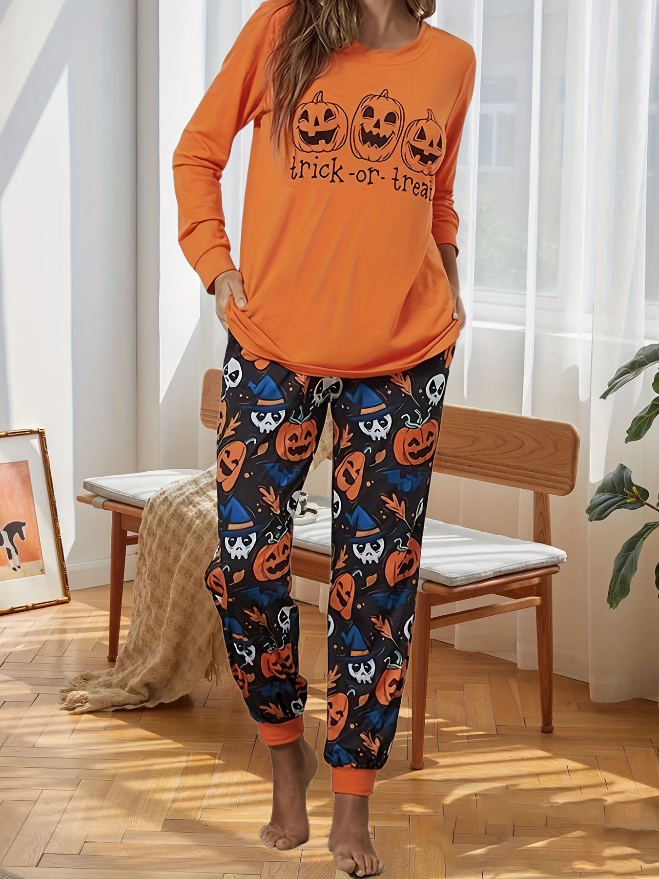 Women's Plus Funny Pumpkin Top & Jogger Pants Set