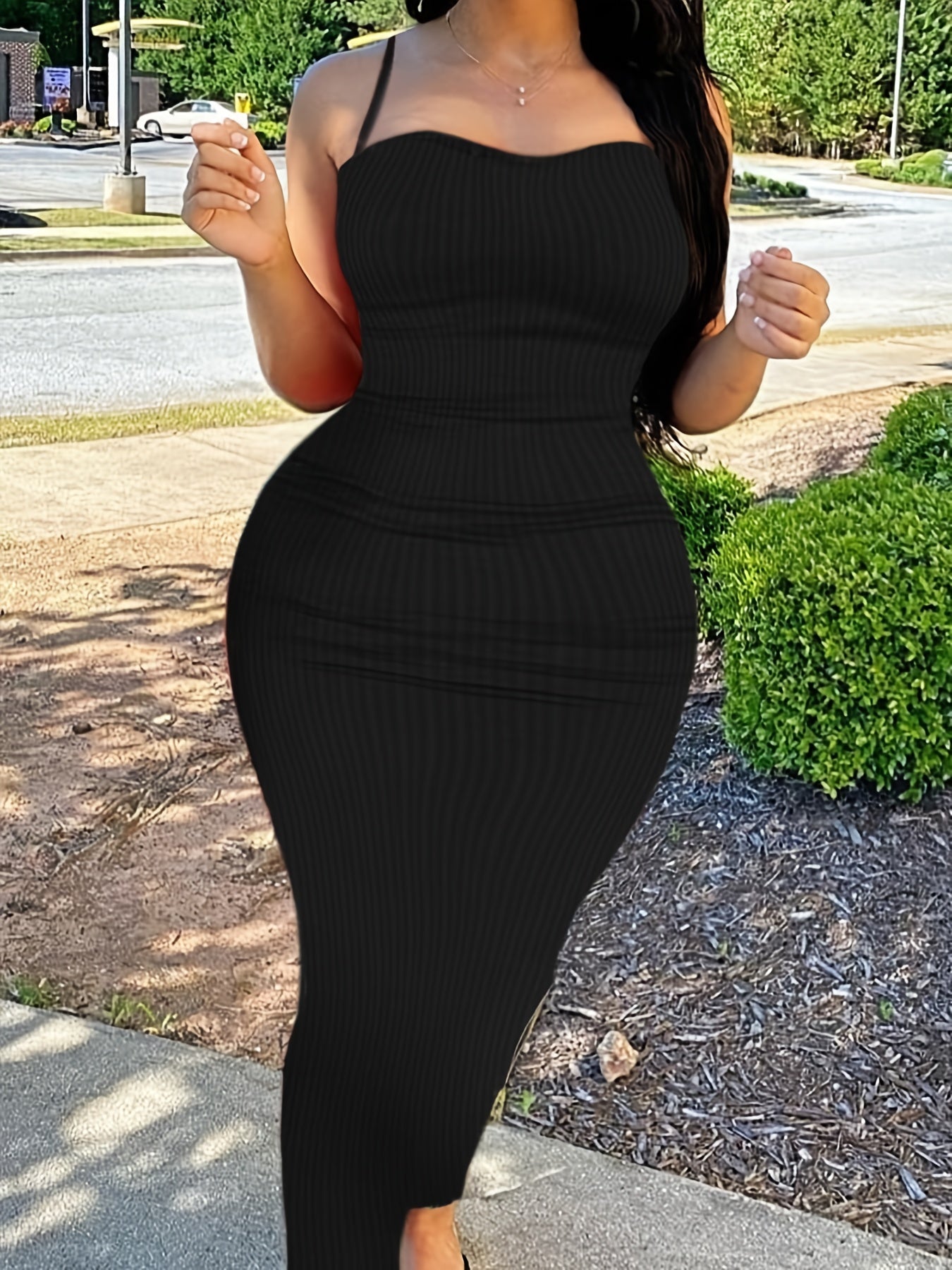 Solid Ribbed Cross Back Maxi Dress