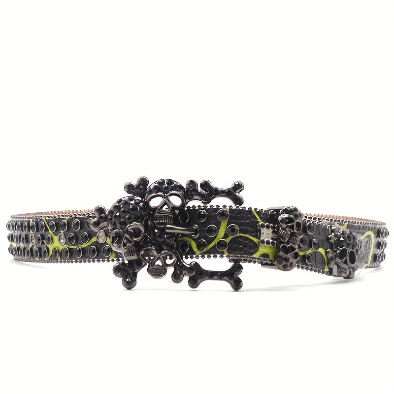 Men's Big Skull Rhinestone Inlaid PU Leather Belt Hip hop Style Buckle