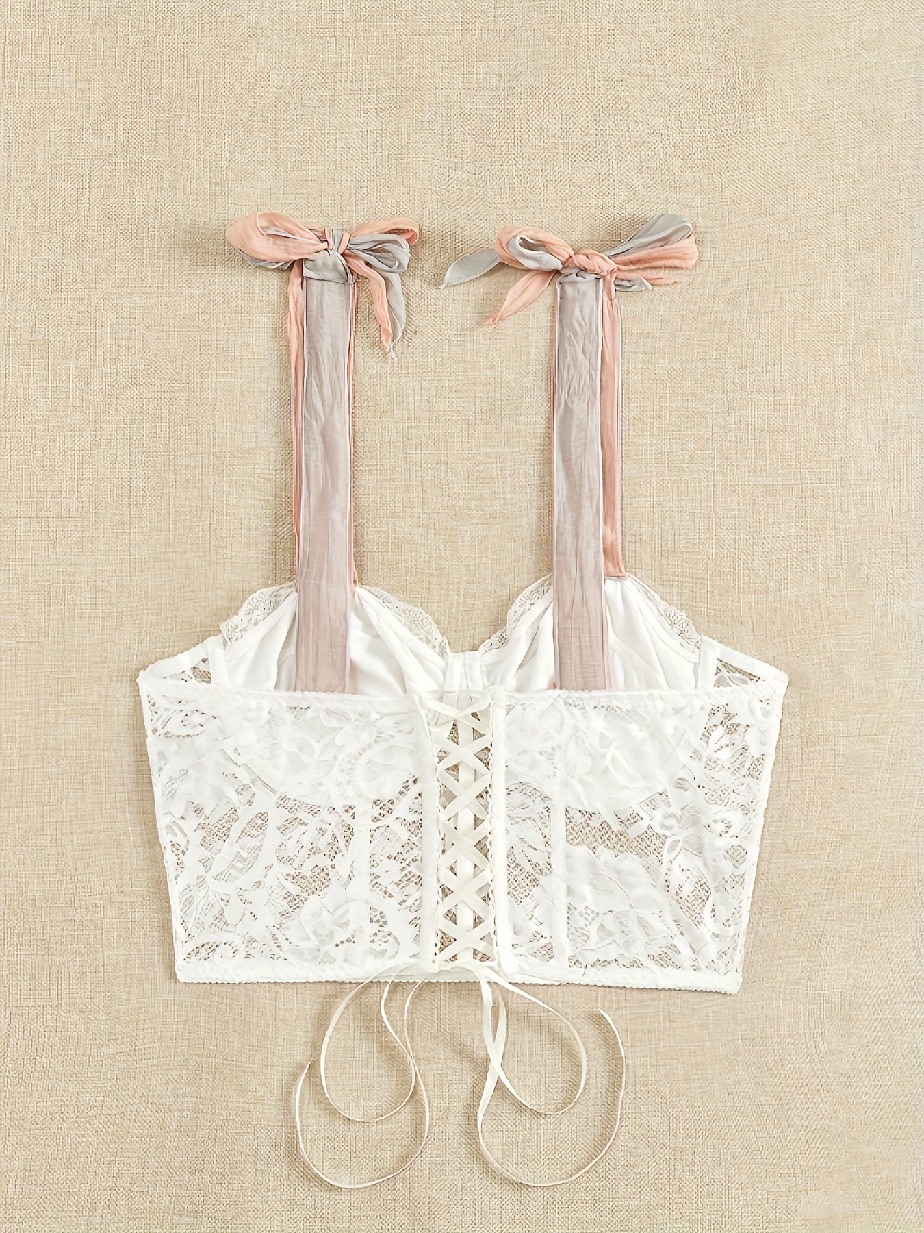 Floral Lace Tie Shoulder Lace Up Back Cami Top