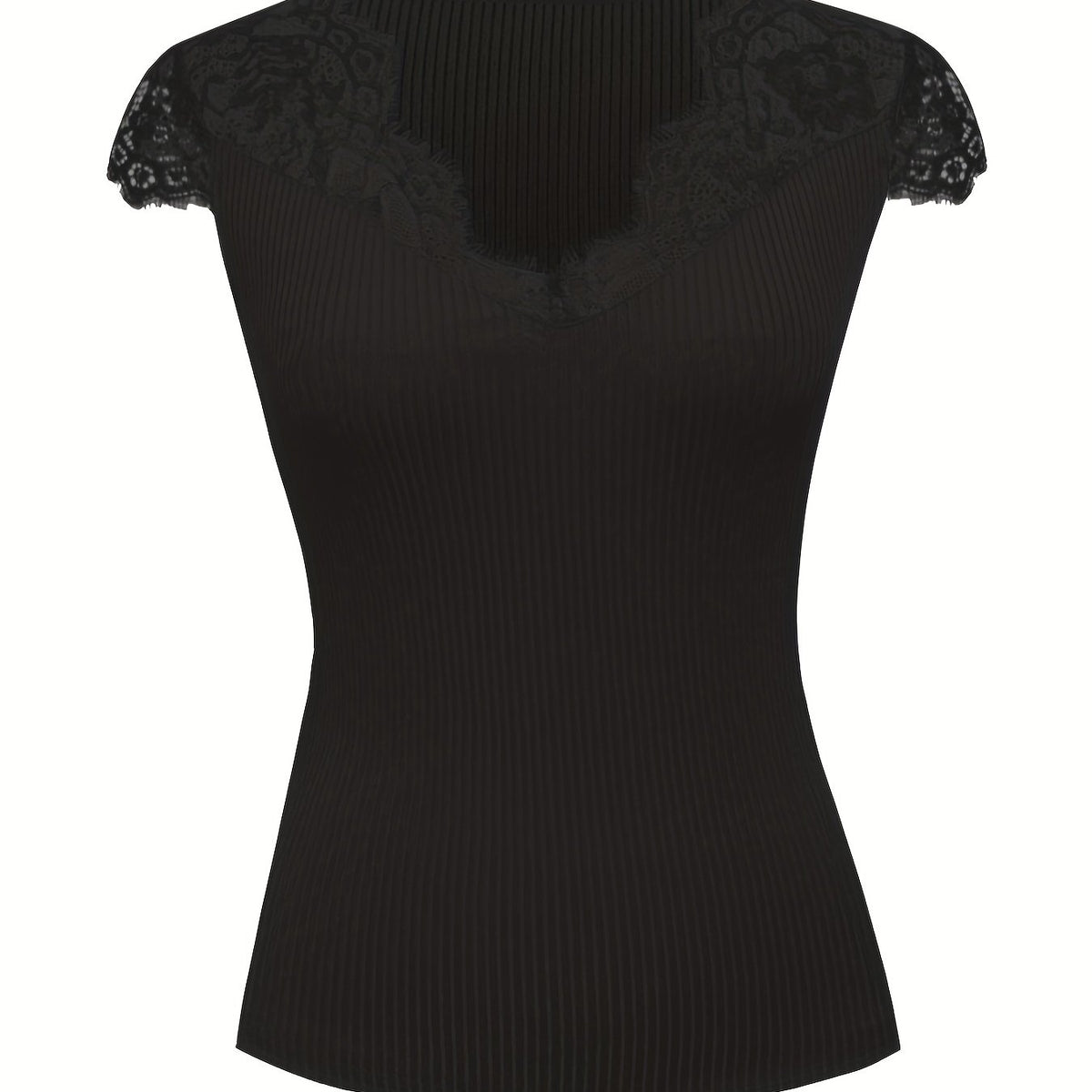 Lace Cap Sleeve Solid V Neck Top