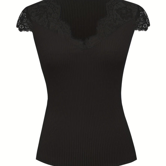 Lace Cap Sleeve Solid V Neck Top