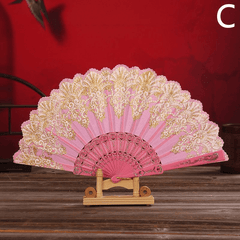 Chinese Floral Pattern Handheld Folding Fan Golden Fan Plastic Bone Portable