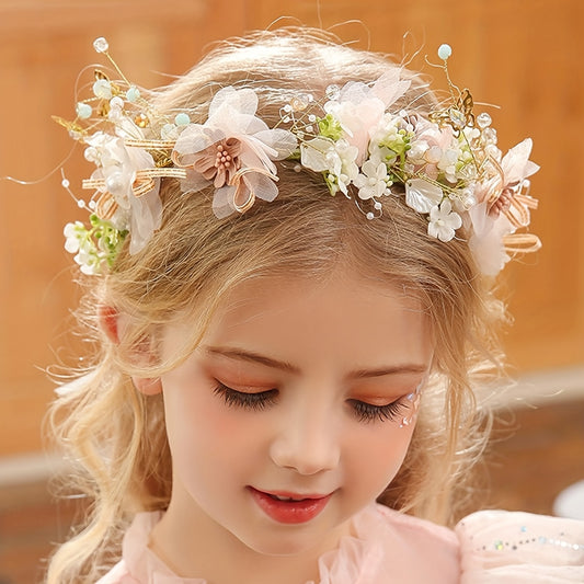 Girls Flower Headband with Faux Pearl Decoration for Wedding Party