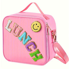 Preppy Insulated Lunch Bag with Adjustable Strap and Chenille Letter Patch