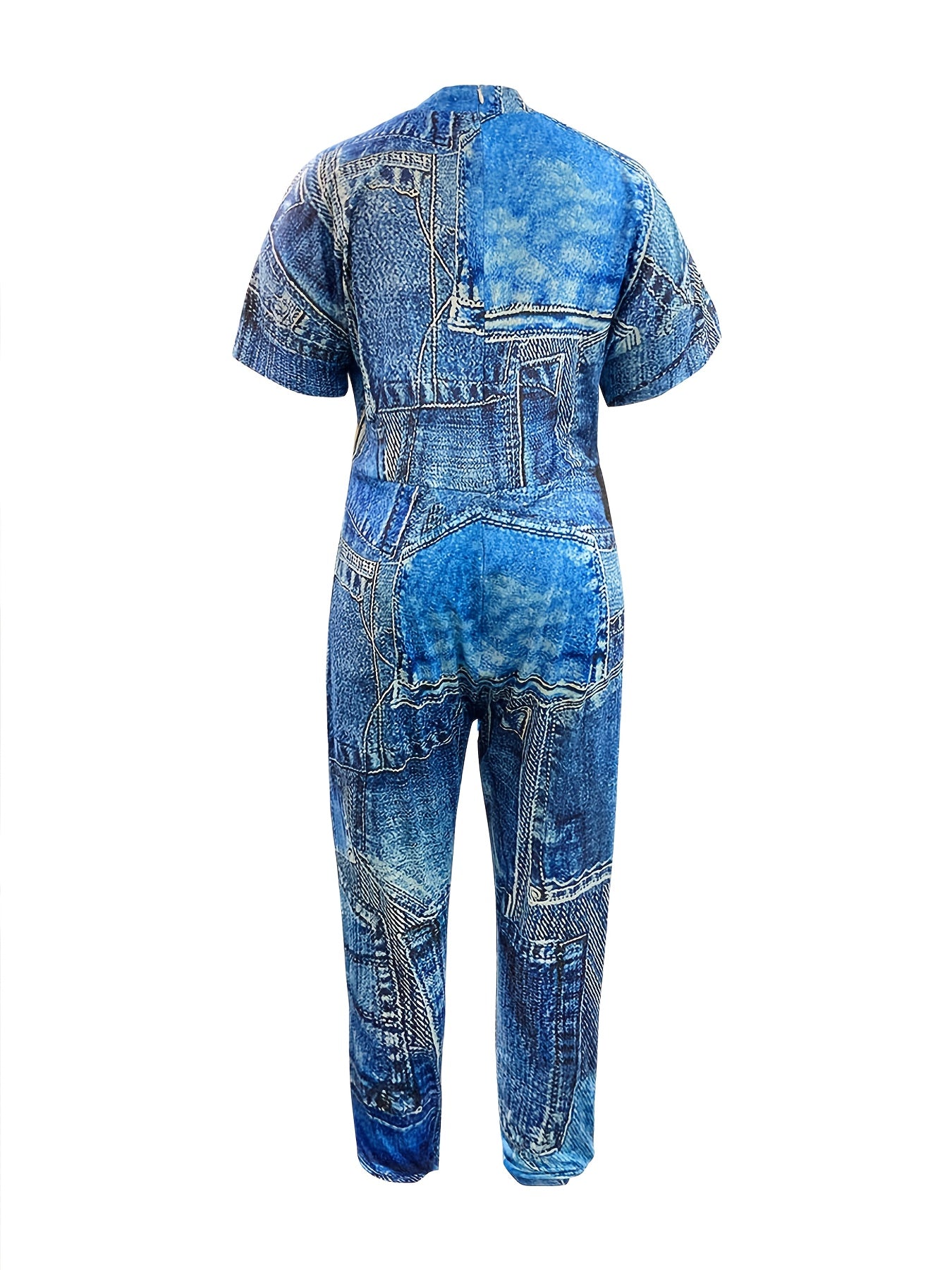  Denim Print V Neck Short Sleeve Jumpsuit With Pockets