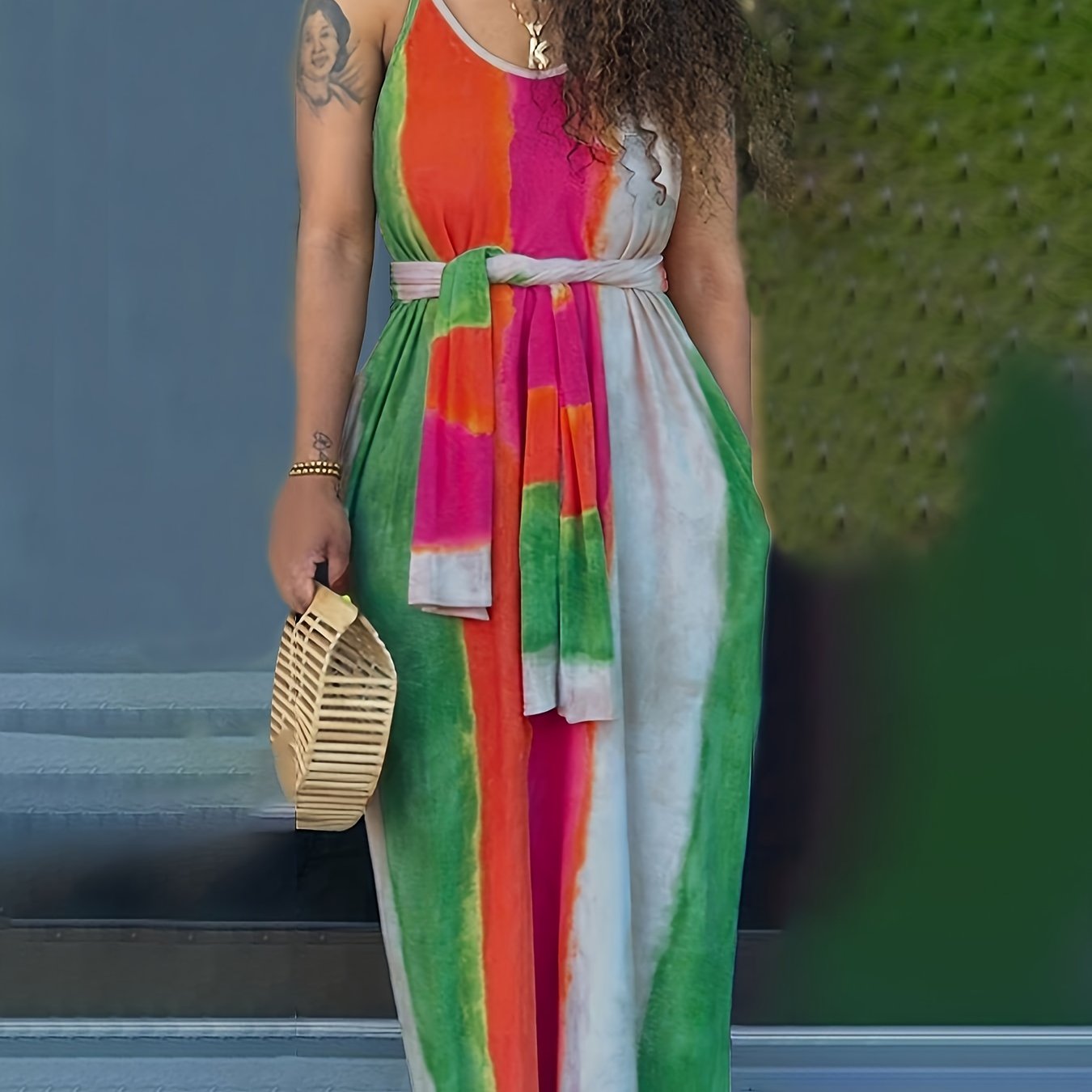 Plus Size Colorblock Maxi Cami Dress with Belt