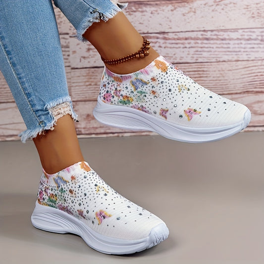Women's Rhinestone Knit Sock Sneakers Casual Low Top Slip On Shoes