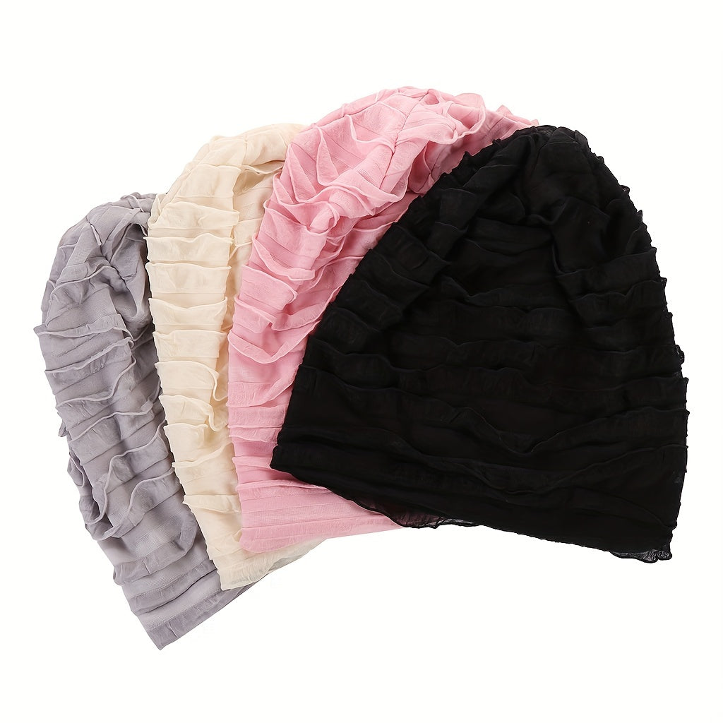 Ruffles Pleated Turban Cap Elastic Head Wrap Lightweight Hijab Beanie