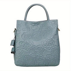 Flower Embossed Leather Tote Bag Top Handle Purse