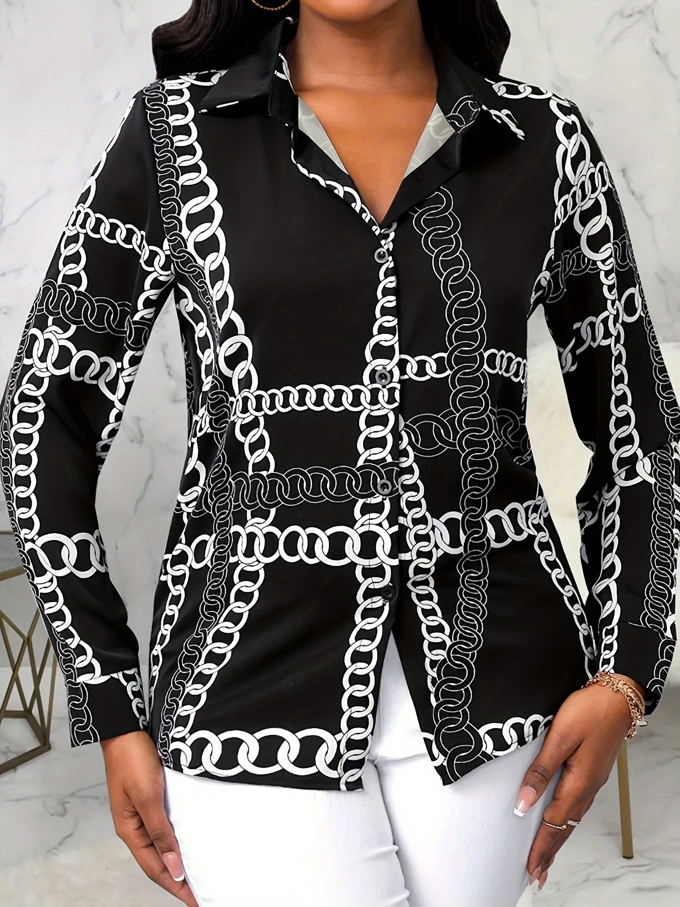  Chain Print Button Up Long Sleeve Blouse