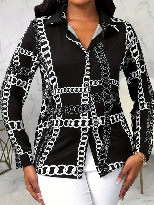  Chain Print Button Up Long Sleeve Blouse