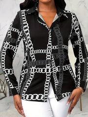  Chain Print Button Up Long Sleeve Blouse