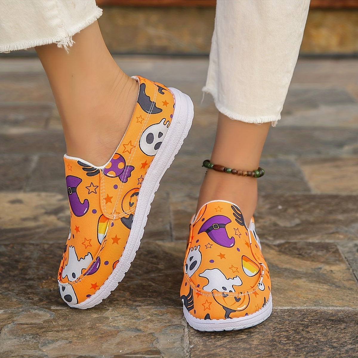 Women's Halloween Canvas Shoes Pumpkin Ghost Print Slip On Shoes