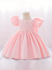 Girls Puff Sleeve Princess Dress with Flower Decor