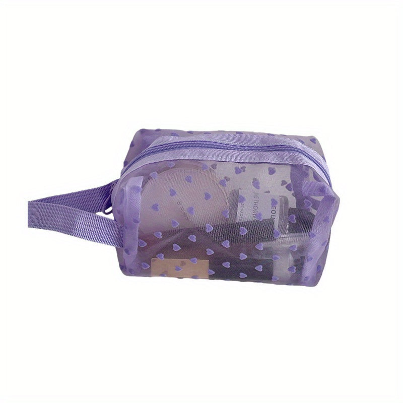 Purple Mesh Makeup Bag Heart Pattern Cosmetic Zipper Pouch