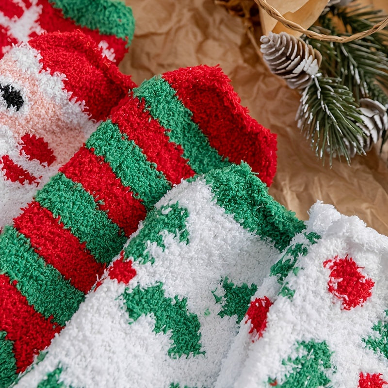 6 Pairs Cartoon Fuzzy Socks Comfy & Warm Christmas Mid Tube Socks