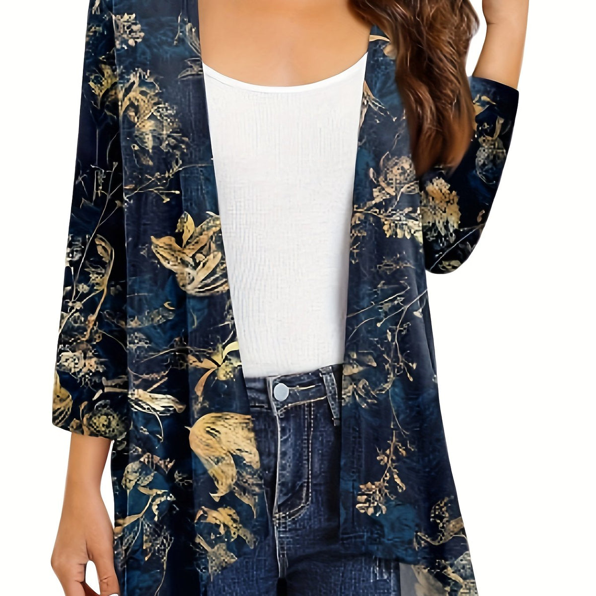  Floral Print Open Front Cardigan