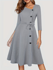  Solid Button Half Sleeve Midi Dress With Belt