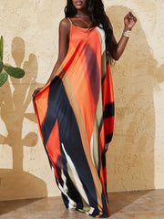  Striped Print Maxi Dress Round Neck Loose Fit Cami