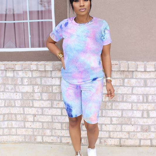 Women's Tie Dye 2 Pc Set Short Sleeve T shirt & High Waist