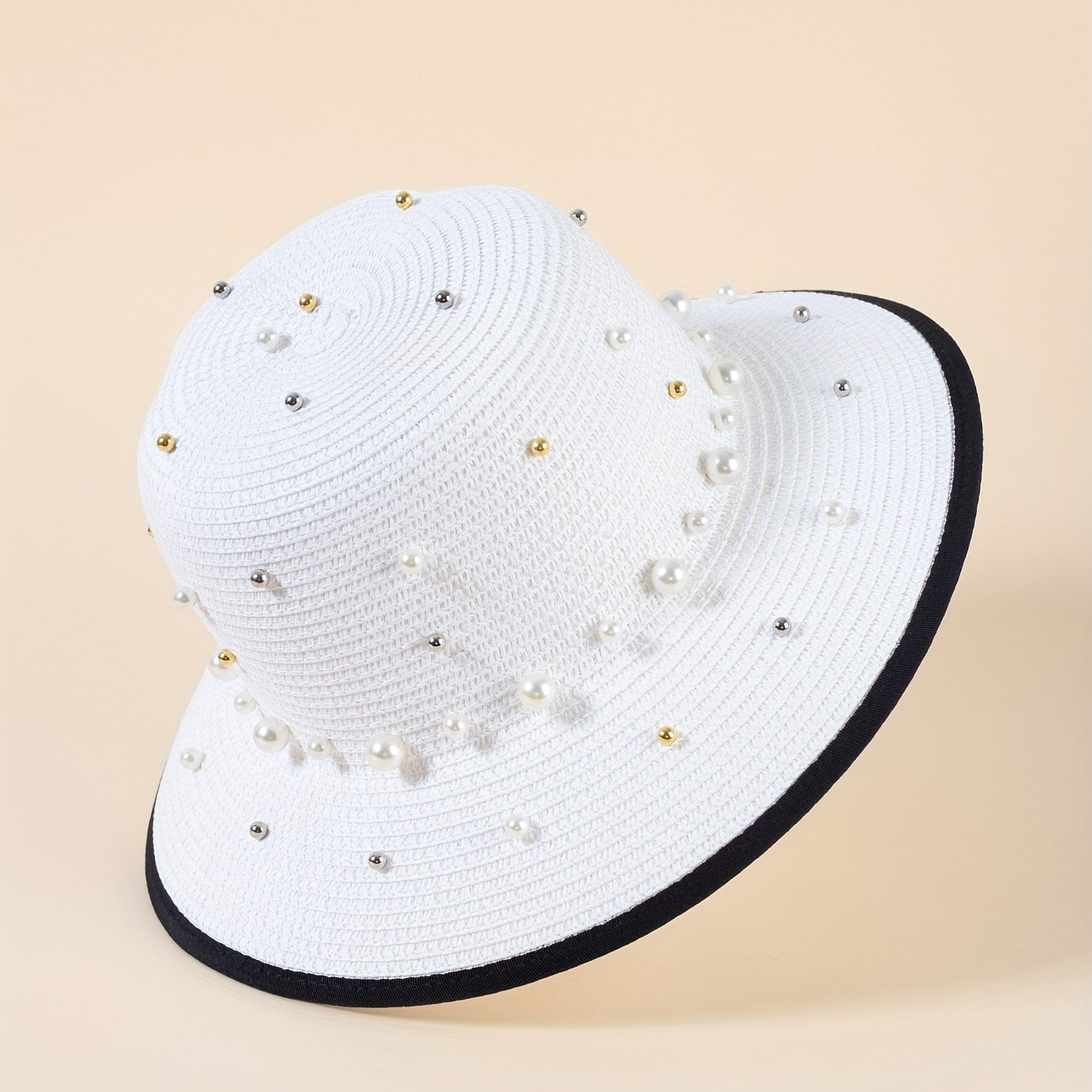 Faux Pearl Decor Sun Hat Wide Brim Straw Hat Foldable Summer Travel Beach Hats