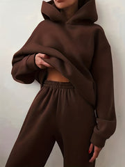 Casual Solid 2pc Set Kangaroo Pocket Hoodie & Pants Women's Outfit