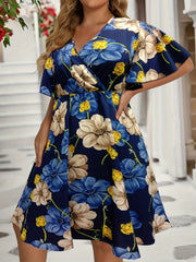 Floral Print V Neck Knee Length Dress