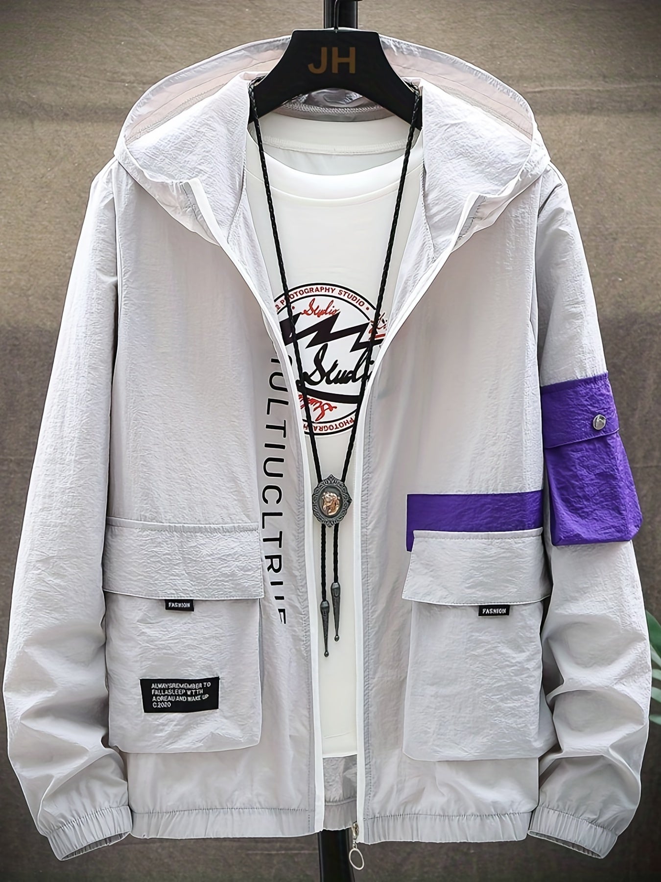 Stylish Letter Print Pattern Zip Up Hooded Jacket Men s Clothes