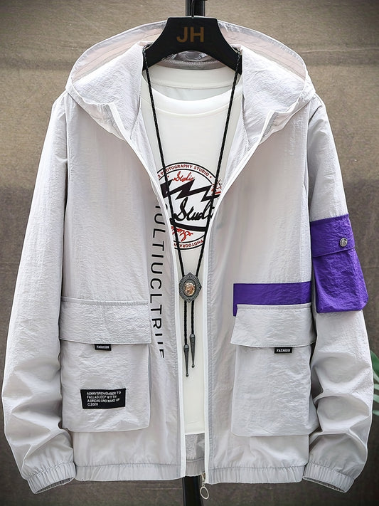 Stylish Letter Print Pattern Zip Up Hooded Jacket Men s Clothes