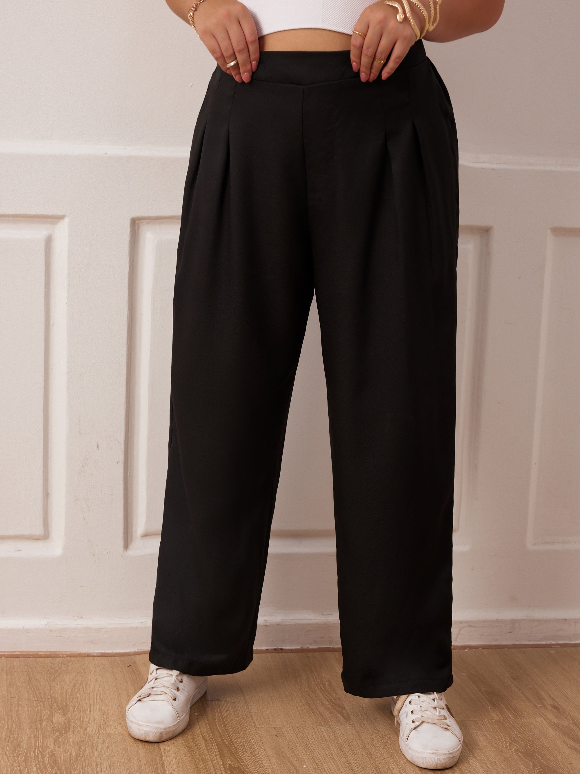  Wide Leg Workwear Pants Pleated Elastic Waist