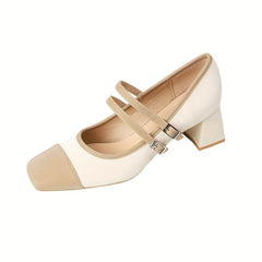 Colorblock Chunky Heels Square Toe Buckle Strap Shoes Dress Pumps