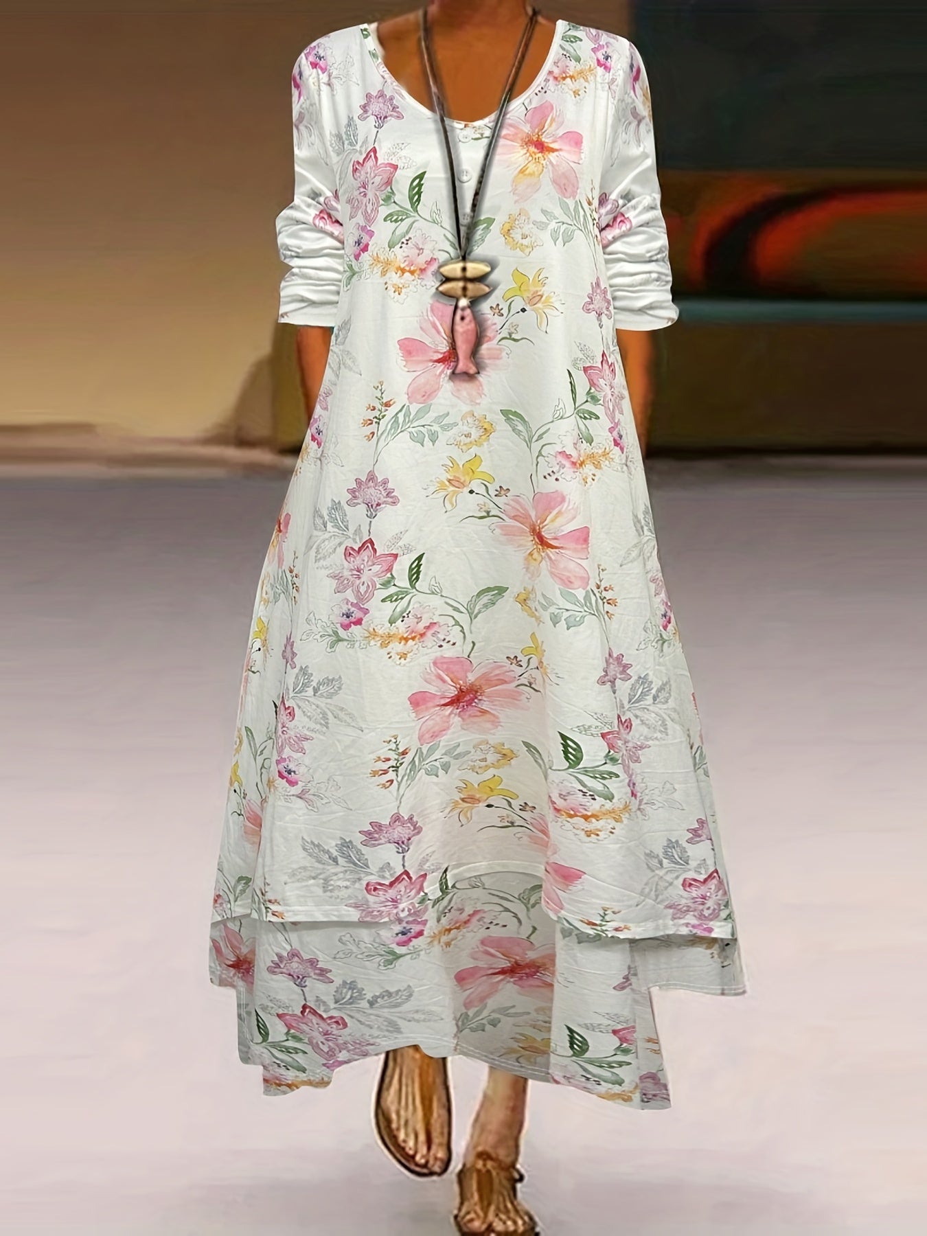  Floral Print Long Sleeve Maxi Dress With Pockets