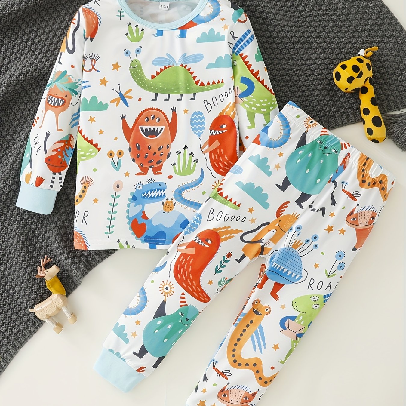 Boys Monster Pajamas Set Long Sleeves Cozy Homewear