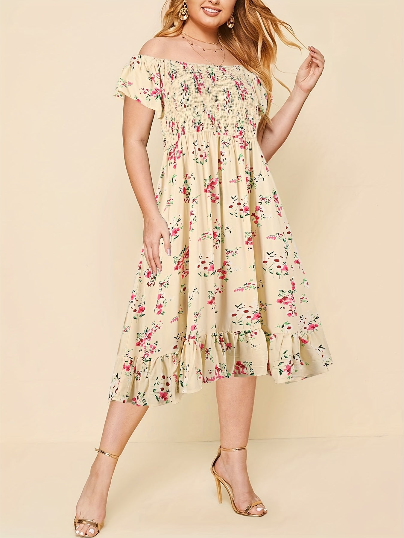 Floral Print Off Shoulder Ruffle Trim Midi Dress Plus Size