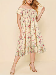 Floral Print Off Shoulder Ruffle Trim Midi Dress Plus Size