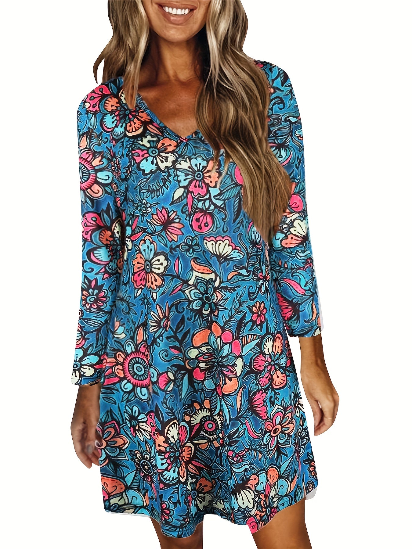  Women's Floral Print Long Sleeve V Neck Dress