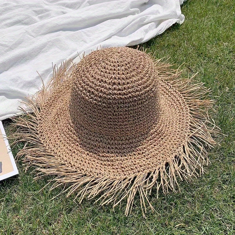 Vintage Raw Brim Sun Hat Solid Crochet Tassel Straw Hat Boho Outdoor Sun Shade