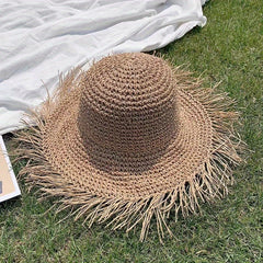Vintage Raw Brim Sun Hat Solid Crochet Tassel Straw Hat Boho Outdoor Sun Shade