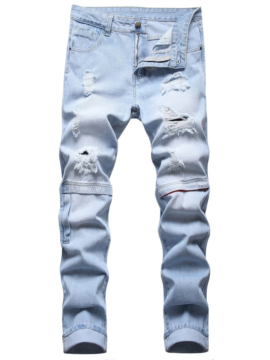Men's Ripped Straight Regular Denim Jeans With Pockets