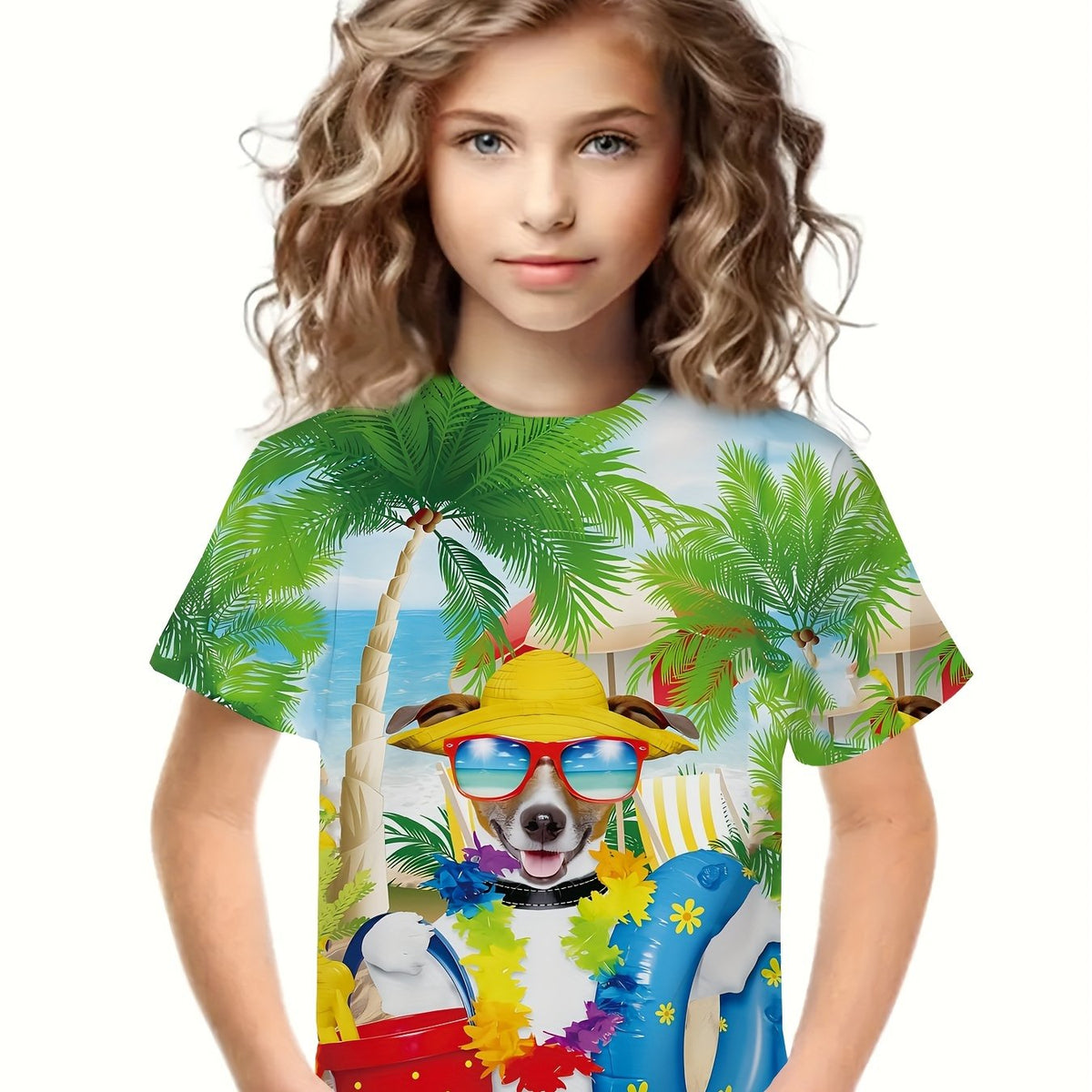 3D Hawaii Puppy Graphic Short Sleeve T shirt Loose Fit Pullover For Boys Girls