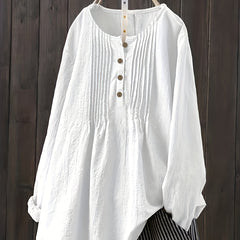  Casual Blouse Women's Solid Half Button Plicated Long Sleeve Top
